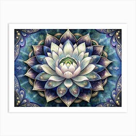 Lotus Flower Mandala On A Blue Background Art Print