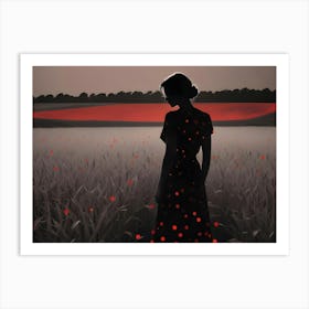 A Woman In A Polka Dot Dress Stands In A Field Of Red Poppies, Silhouetted Against A Gray Sky Art Print