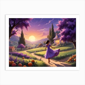 Woman In Purple Dress Walks Towards A Cottage On A Path Through A Magical Landscape Art Print