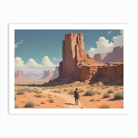 A Man Walks Through A Desert Landscape, With Towering Red Rock Formations, A Blue Sky With Puffy White Clouds, And A Narrow Path Art Print