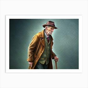 An Elderly Gentleman In A Brown Coat And Hat Walking With A Cane: A Portrait Of A Senior Citizen Art Print