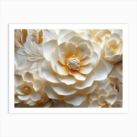 3d Modern Flower Artwork in Gold and White Hues Art Print