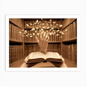 A Magical Scene With An Open Book And A Hand Reaching Out From The Pages, Casting Golden Sparks And Book Pages Into The Air Art Print