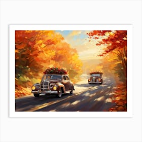 Autumnal Landscape Autumnal Leaves Cascading Down As A Car Adorned With Holiday Wreaths And Ribbon Art Print