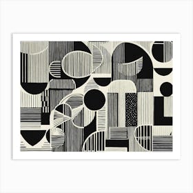 Retro Inspired Linocut Abstract Shapes Black And White Colors art, 229 Art Print