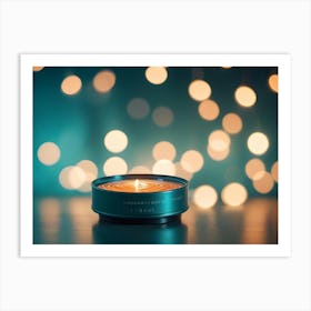 A Teal Candle In A Metallic Container, Burning With A Soft Flame And Surrounded By A Bokeh Background Of Warm, Golden Lights, Representing Relaxation, Comfort, And Tranquility Art Print