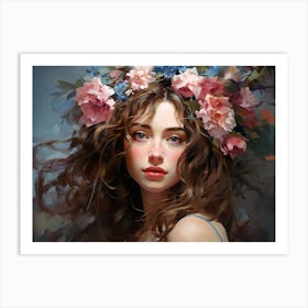 Upscaled An Oil Painting Of A Beautiful Woman With Flowers On Her 3 Art Print