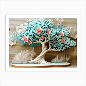 Dynamic Display Of A Turquoise 3d Tree With White Lattice On Oak, Featuring Floral Hexagons Art Print