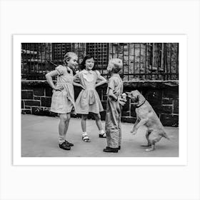 Children Playing With A Dog, Dog Eating Ice Cream, Black and White Vintage Old Photo Art Print