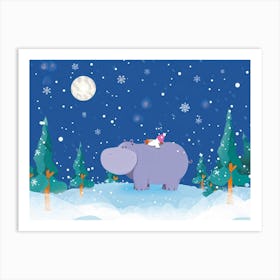 Illustration Of A Hippopotamus Plump And Comfortable Encased In Layers Of Winter Clothing As Snowf Art Print