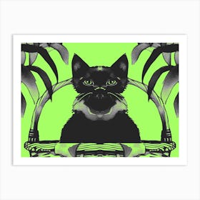 Black Kitty Cat Meow Bright Green 1 Art Print