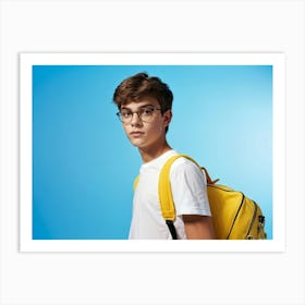 Portrait Of An 18 Year Old Boy Exuding Youthfulness Confidently Carrying A Yellow Schoolbag Agains Art Print