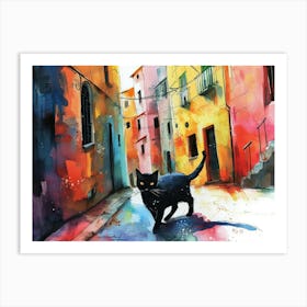 Black Cat In Salerno, Italy, Street Art Watercolour Painting 2 Art Print