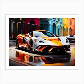 Supercar In Front Of Luxury Hotel - Color Photo Style Painting Art Print