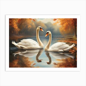 Two Swans In Autumn Paintings Art Print Art Print