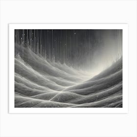 Abstract Black And White Landscape With Glowing Lines And Particles, Representing Data Flow, Technology, Or A Futuristic Environment Art Print