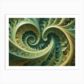 Intricate Fractal Spiral In Shades Of Green And Gold, Resembling Swirling Vines Or A Seashell Art Print