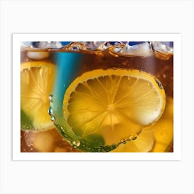 A Close Up Shot Of A Glass Of Iced Tea With Lemon Slices And Ice Cubes Art Print