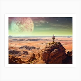 Lone explorer gazing at the alien landscape Art Print