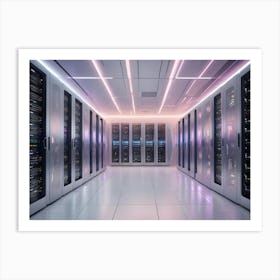 A Server Room With White Walls And A Floor, And Rows Of Server Racks With Glowing Blue And Purple Lights Art Print