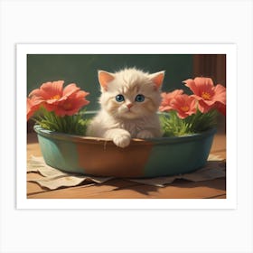 A Cute Illustration Of A White Kitten Sitting In A Blue Bowl With Orange Flowers, Creating A Charming And Heartwarming Scene Art Print