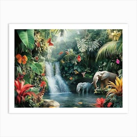 3d Jungle Scene With Exotic Animals Painting Art Print