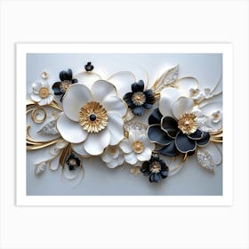 3d Artwork Illustration White and Blue Background with Golden Jewelry and Flowers 3 Art Print