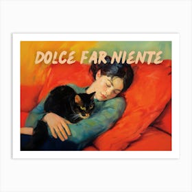 Dolce Far Niente Black cat sleeping Vintage altered trendy wall art Art Print