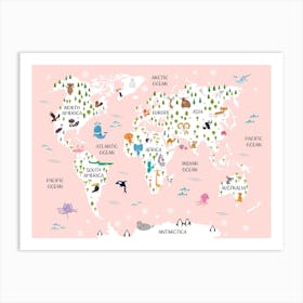 Kids Animal World Map In Pink Art Print
