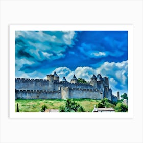 Medieval Fortress in Carcassonne France. A majestic medieval fortress stands tall against a backdrop of a bright blue sky adorned with fluffy white clouds. The fortress, constructed of weathered gray stone, features a towering wall with multiple watchtowers topped with conical roofs. The wall encloses a sprawling complex, hinting at a rich history and strategic importance. Art Print