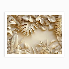 3d Tropical Leaves Art Background Golden 3 Art Print