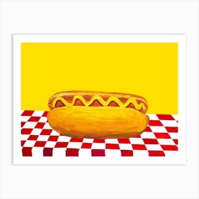 Hot Dog With Mustard on Red Check Yellow Art Print