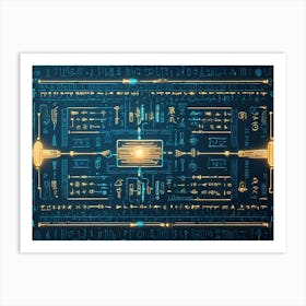 Intricate Pattern Of Ancient Egyptian Hieroglyphs With Glowing Blue Lines And A Central Golden Orb Art Print