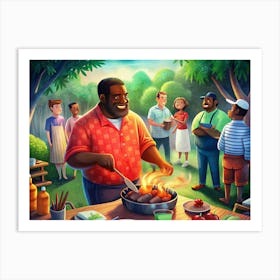 Man Grilling Food With Friends Around Him At A Backyard Barbecue Art Print