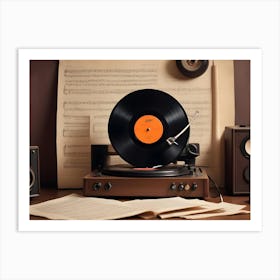 A Still Life Photo Of A Vintage Record Player With A Vinyl Record Spinning, Surrounded By Other Musical Instruments 1 Art Print