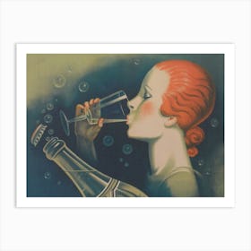 Woman Drinking Sparkling Water Vintage Print Art Print