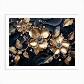 3d Golden Jewelry Flowers in Black Art Print