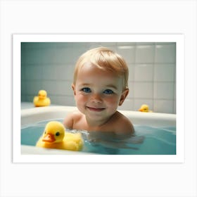 Baby In Bathtub With Rubber Ducks 1 Art Print