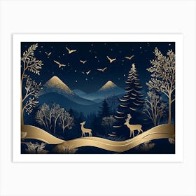 Christmas Night Landscape With Deer Art Print