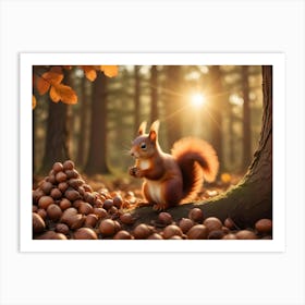 Red Squirrel Sitting On A Log Surrounded By Acorns In A Forest 10 Art Print