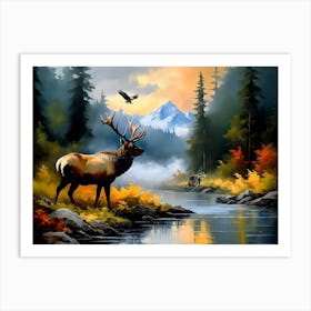 Elk By The River - Ai Art Print