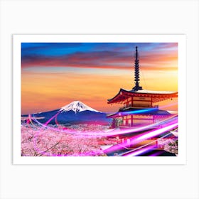 Neon city: Japan, Fuji mountain. Cherry blossoms, pagoda, sunset (synthwave/vaporwave/retrowave/cyberpunk) — aesthetic poster Art Print