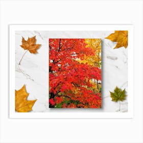 Bright Botanical Art Featuring Fall Foliage Vibrant Red Orange And Neon Colors Framing A Golden M 2 1 Art Print