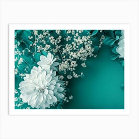 Hyper Realistic Abstract Teal And White Of Spring Flowers, Cozy Minimalistic Luxurious Living With Flowers Art Print