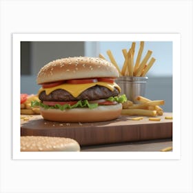 Juicy Cheeseburger With French Fries And Orange Juice Art Print