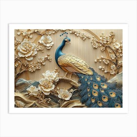 Golden 3d Peacock With Flowers On Wooden Circle Background Art Print