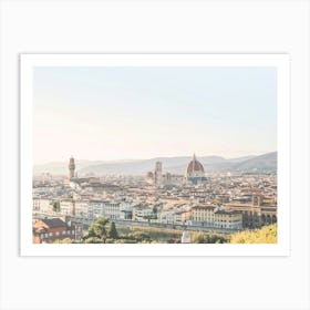 Florence, Italy I Pastel panorama photography of the city on the Duomo Santa Maria by the sunset light in summer vintage aesthetic with views of Tuscany countryside, cypress trees, the Arno river and mountains Art Print