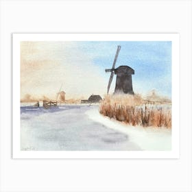 Windmills In Winter watercolor Art Print