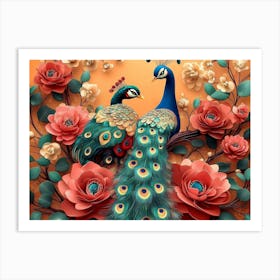 Bright Color Floral With Exotic Oriental Pattern Flowers And Peacocks 2 Art Print