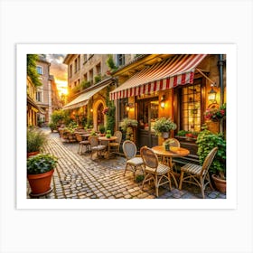 Charming European Street Cafe At Sunset Art Print